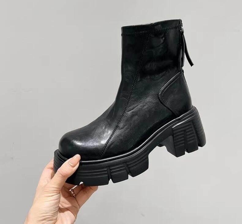 Minimalist Front Lace-up Combat Boots 5Cm Chunky Heel Platform Women Boots British Style Thick Sole Increase Height Casual Boots R241107