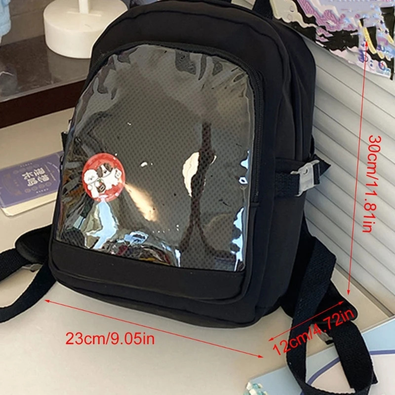 Japanese Womens School Girl Nylon Backpack Transparent Anime Pin Display Itabag School Bag Belt Transparent Pocket 241107