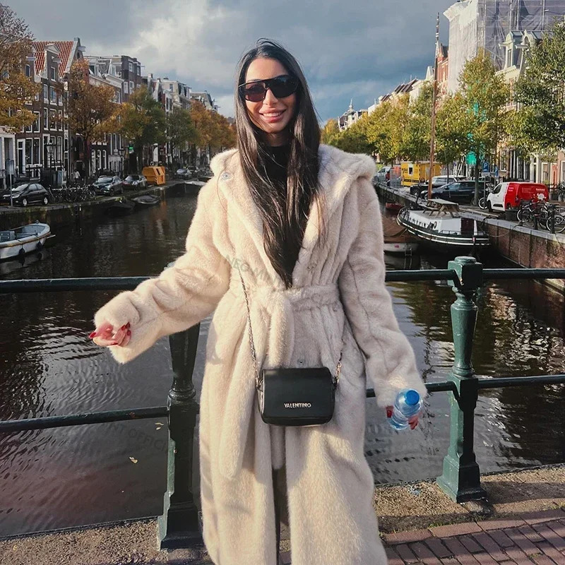Neo Mint leather belt faux mink coat womens winter beige gradient fur coat hooded warm coat 241107