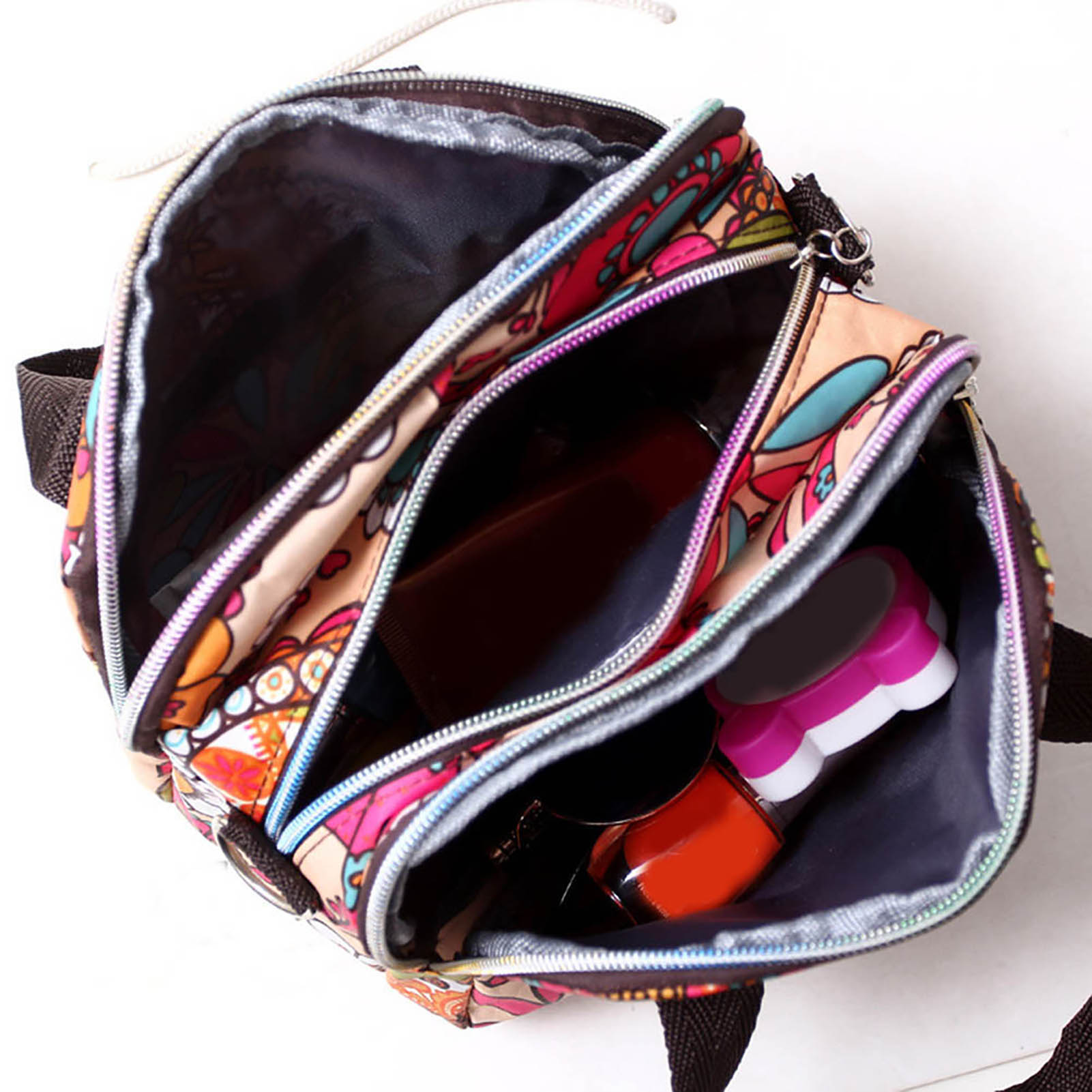Colorful Floral Print Women Multi Pocket Zipper Tote Handbag Casual Nylon Crossbody Shoulder Bag