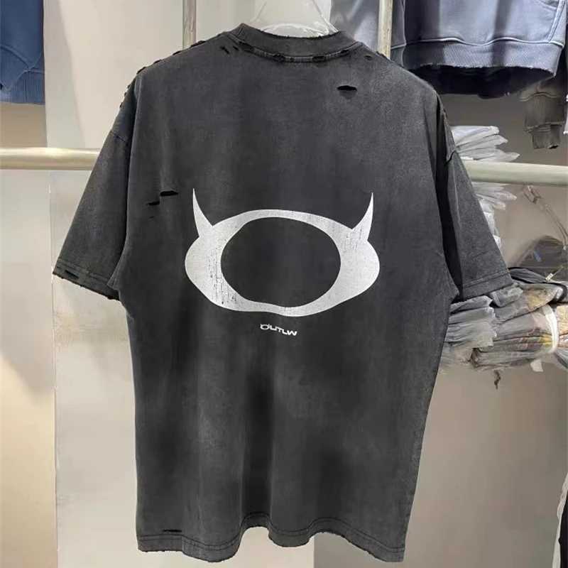 Men's T-Shirts Summer Nice Washed Vintage T Shirt Mens Womens Broken Hole Unisex Printed Short Sleeve T Shirt Top Oversized Black T Shirt J240402