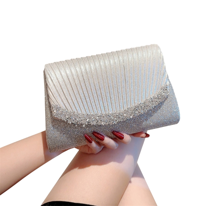 Women Shiny Sequins Pleated Handbag Sparkly Evening Bag Female Elegant Banquet Prom Party Clutch Chain Crossbody Shoulder Bag