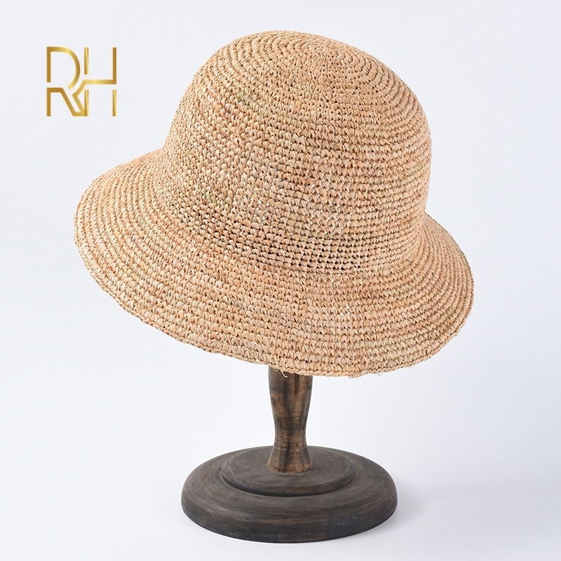 Handmade Ladies Crochet Natural Raffia Straw Bucket Hat For Spring Summer Beach Floppy fisherman Caps y240320