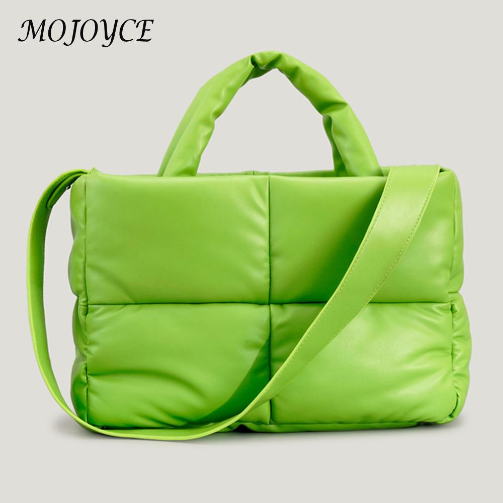 Women Puffer Shoulder Bag Large Capacity Top Handle Bag Solid Color PU Leather Lightweight for Shopper Travel