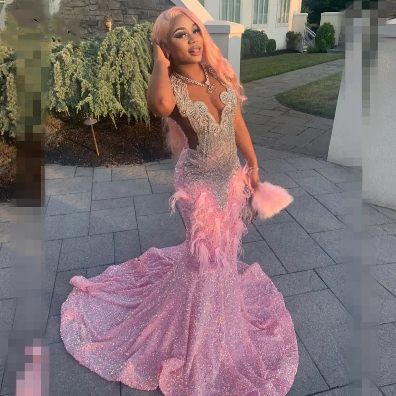 Shinny Pink Prom Dress 2024 Blackgirl Feathers Dia Sequin Abendkleid Mermaid Party Gowns 0920