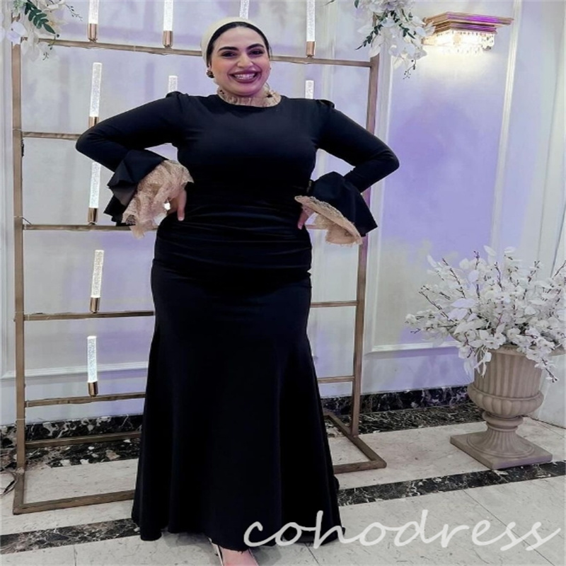 Plus Size Muslim Evening Dress With Long Sleeve Elegant Mermaid Abaya Prom Dress O Neck Floor Length Women Birthday Dress Arabic Dubai Lace vestidos p