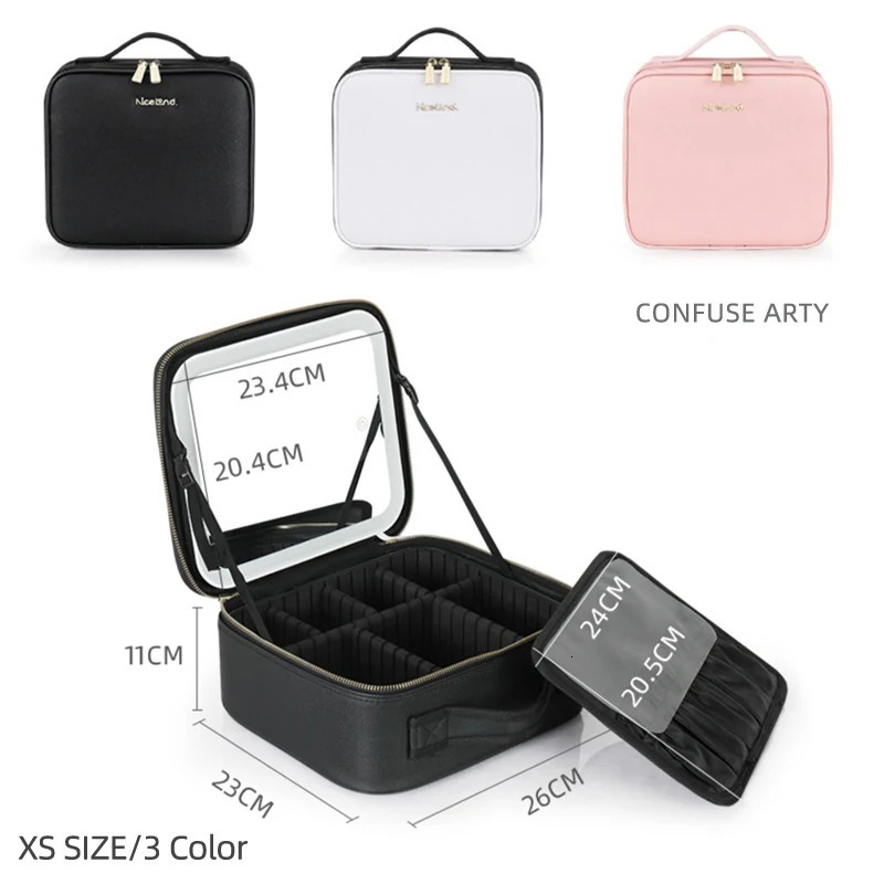 Smart LED Makeup Bag with Mirror Large Capacity Professional Waterproof PU Leather Travel Makeup Box 241106