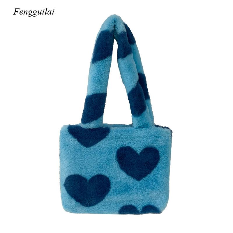 2021 Fashion Women Plush Love Pattern Shoulder Bags Elegant Female Underarm Bags Faux Fur Handbag Furry Fluffy Tote Bags