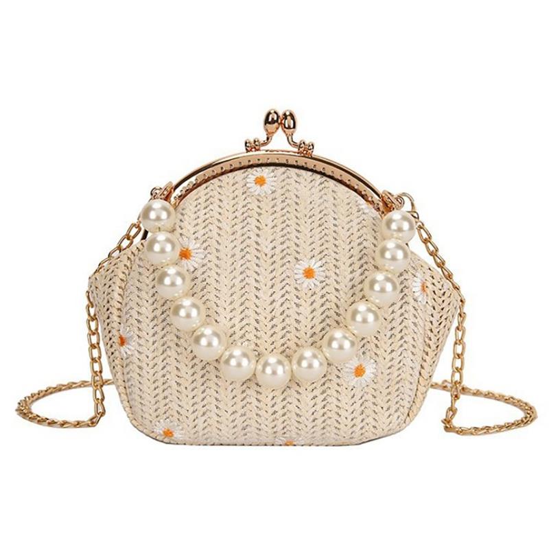 Floral Fake Pearl Top Handle Rattan Bag Shoulder Bag Small Beach HandBags Women Summer Messenger Crossbody Bags