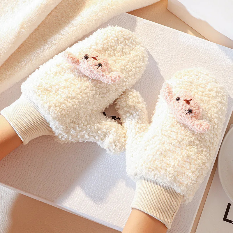 Womens Winter Plus Velvet Thick Knitted Hanging Collar Outdoor Warm Bicycle Gloves Cute Cartoon Dog Full Finger Plush Gloves S36 241107