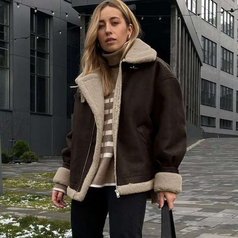Talenza Brown Retro Thick Women's Casual Lapel Long Sleeve Button Suede Autumn Winter Female Street Warm Jacket