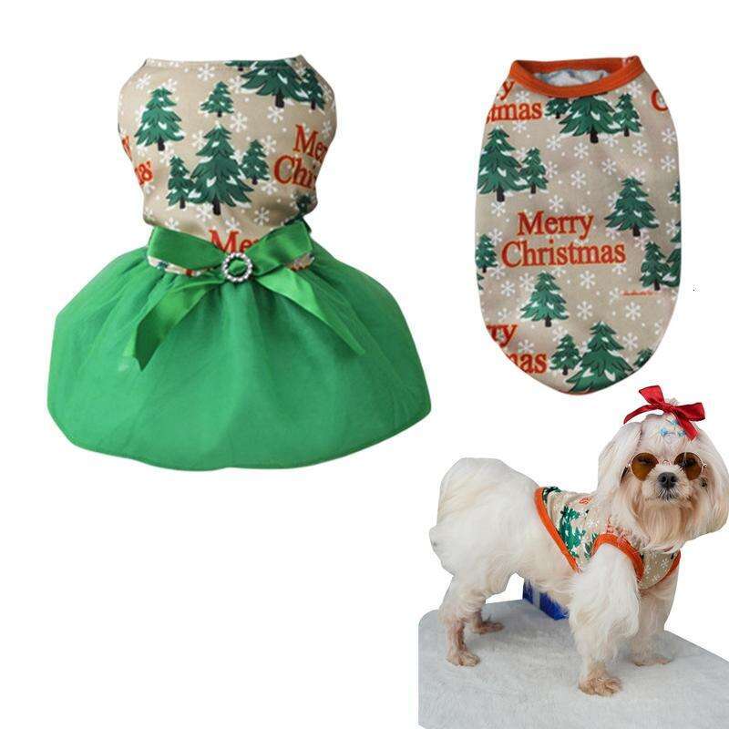 Merry Shirt Fashion Dogs Christmas Tree Skirt And Vest Girl Dog Holiday Dress Lightweight Puppy Clothes Pet