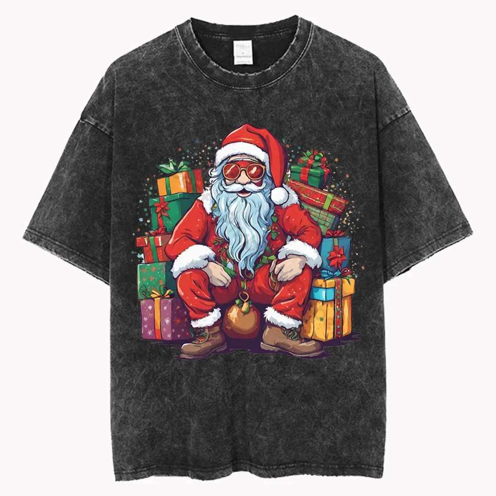 Super sized Santa Claus cotton washed T-shirt for women loose O-neck T-shirt Christmas Y2k casual retro short sleeved top X241107