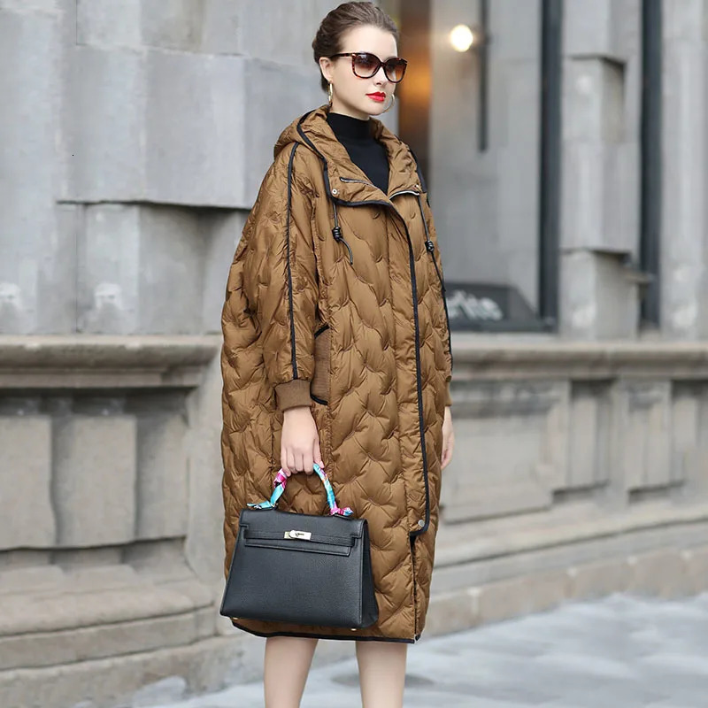 Womens Winter Embroidered Long Down Jacket Hoodie Brown Super Large Cap Puff Jacket Black 90% White Duck Down Jacket 241107