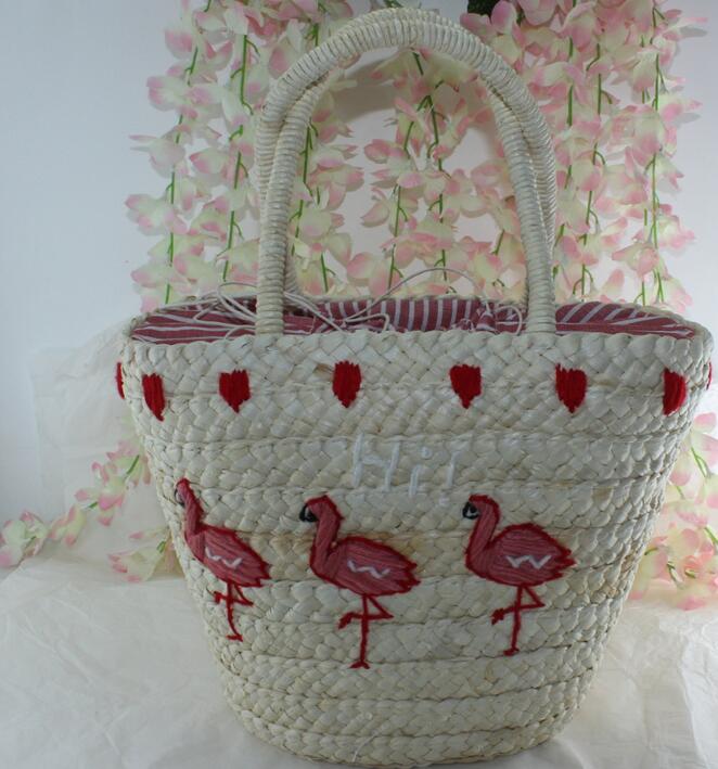 New Embroidred Flamingo Women's Handbag Large Straw Shoulder Messenger Bag Fashion Tote Women Bag