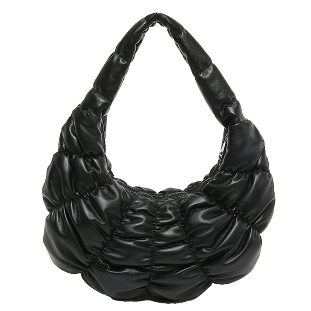 Women Fashion Shoulder Bag Large Capacity PU Pleated Underarm Bag Padded Clutch Handbag Solid Color for Outdoor Travel