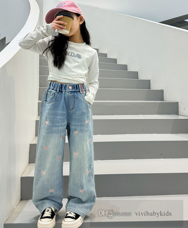 Big Girls pink love heart embroidery jeans kids straight wide legs pants winter teenagers thicken casual cowboy trousers S2454