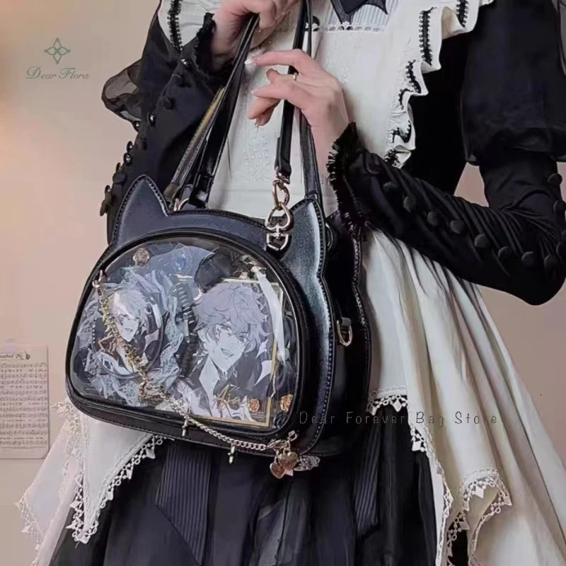 Y2K Cute Cat Ita Bag Japan Lolita Transparent Ten Font Kawaii Party Shoulder Bag Badge Display Girl Messenger Bag 241106