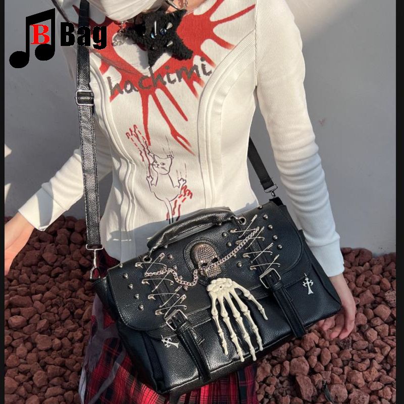 Gothic Lolita JK Harajuku Women Girl Punk One Shoulder Bags Handbag Y2K Rivet Chain Handheld High-end Skull Crossbody Bags Tote