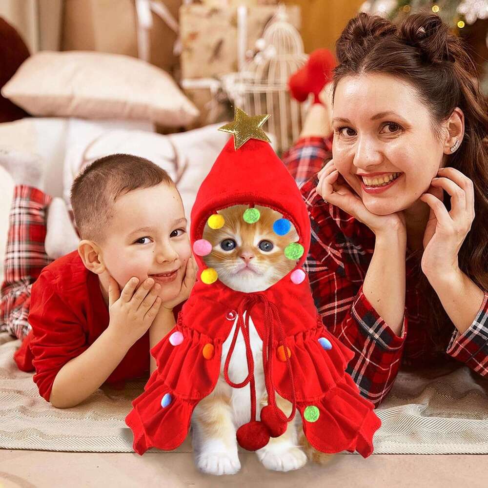 Vellibring Cat Christmas Outfit Red Cloak Hat with Star and Pompoms Puppy Cape Clothes Xmas Tree Elf Costumes Party Supplies Accessories for Small Dog