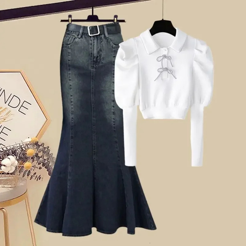 2024 Womens Fashion Plus Size Autumn Suit Trendy Age-Reducing Denim Skirt 2-Piece Set Versatile Top 241107