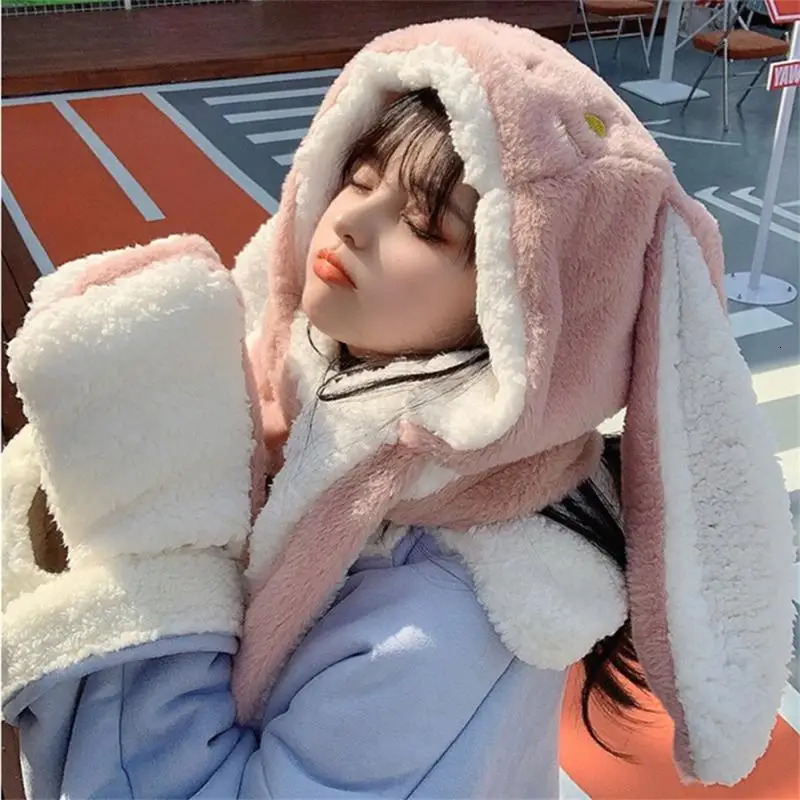 Fashion Scarf Hat Glove Set for Winter Women Novel and Cute Plush Big Ears Rabbit Beanie Warm Bear Ear Hat Thick Pocket Hat 241107