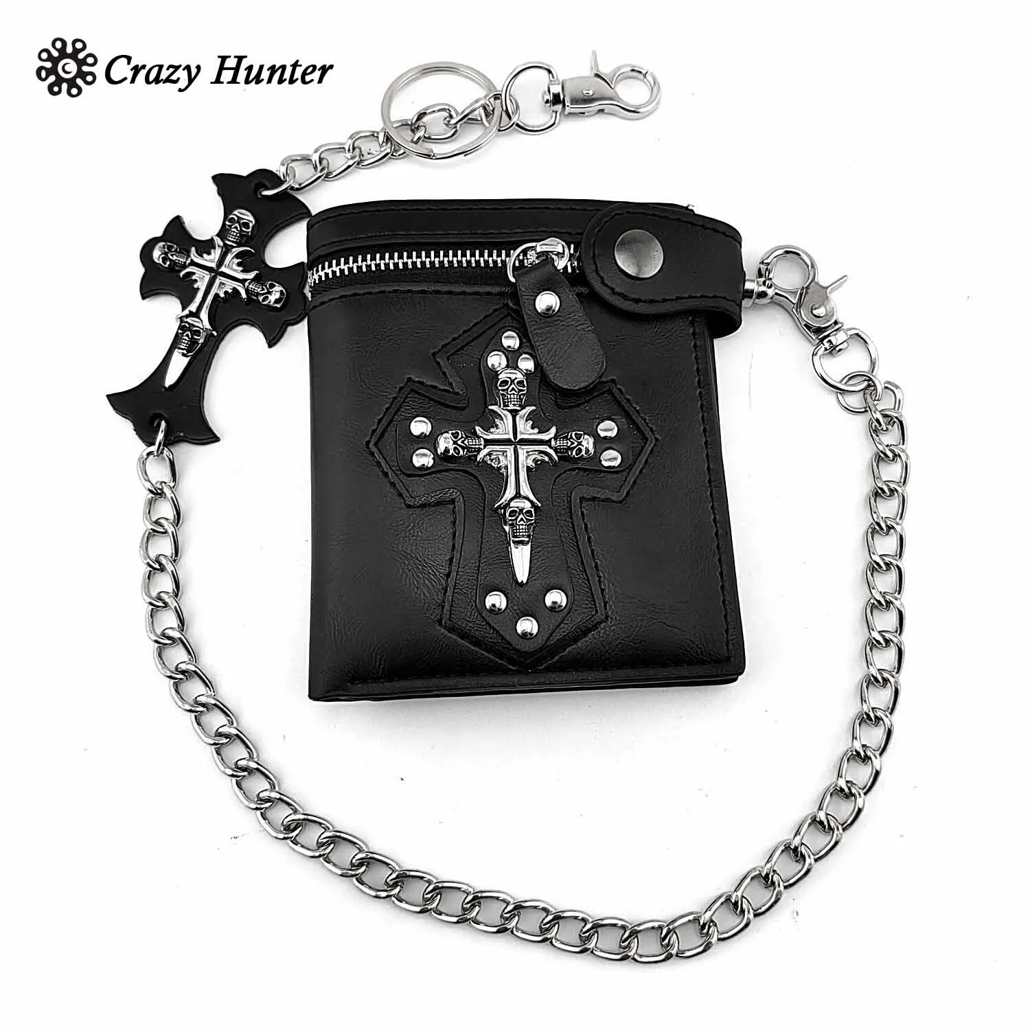 Gothic Skull Cross Biker Punk Card Holder Mens Leather Wallet With Pants Chain