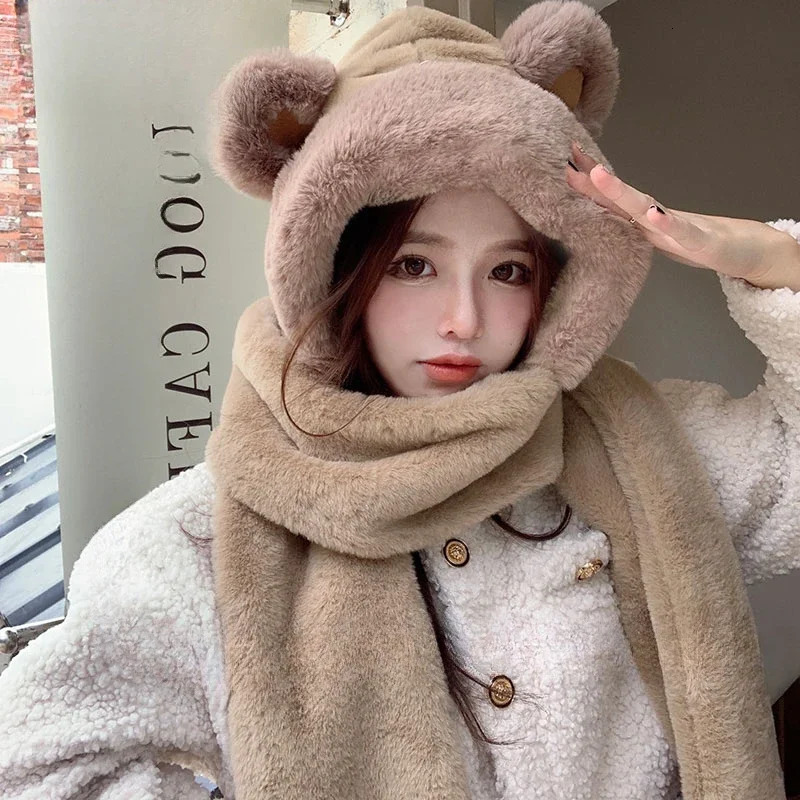 Hat scarf one-piece material womens autumn and winter bear shape warm plush gloves three piece cute hooded ear protection fashionable 241107