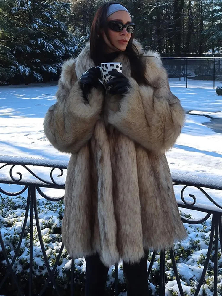 Winter Fluffy Lapel Womens Faux Fur Coats Elegant Lapel Long Sleeve Thick Warm Jackets 2024 Thick Warm Lady Street Outerwears 241107