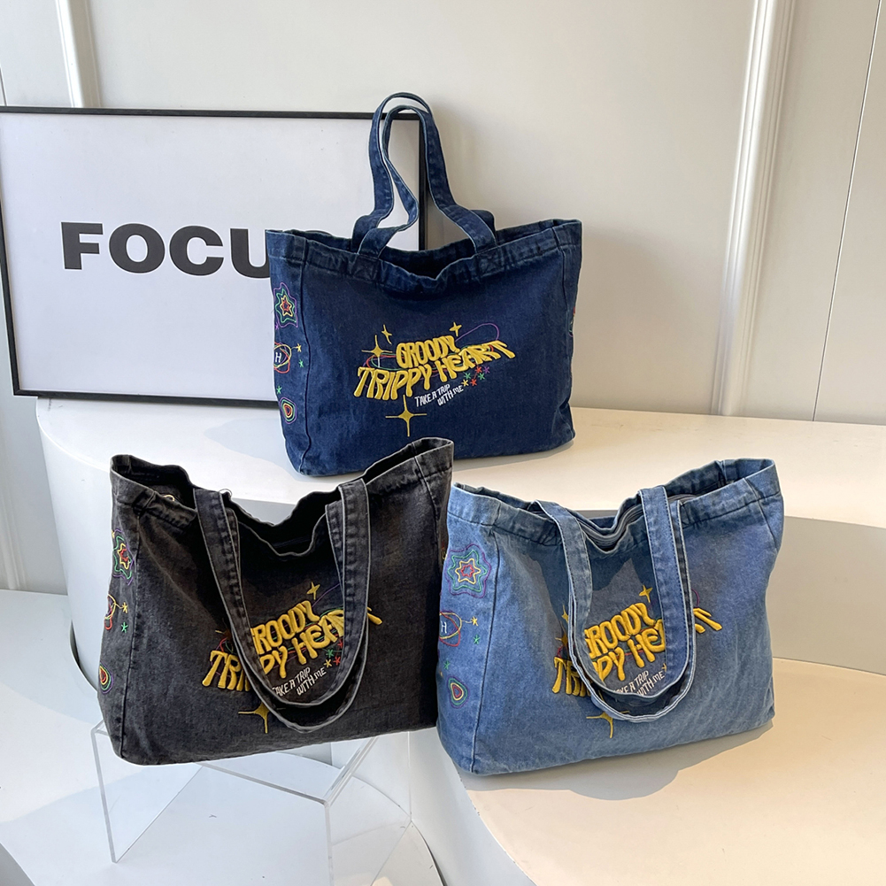 Denim Shoulder Bag Large Capacity Embroidered Tote Bag Retro Fashion Handbag Aesthetic Hobo Bag for Women and Girls