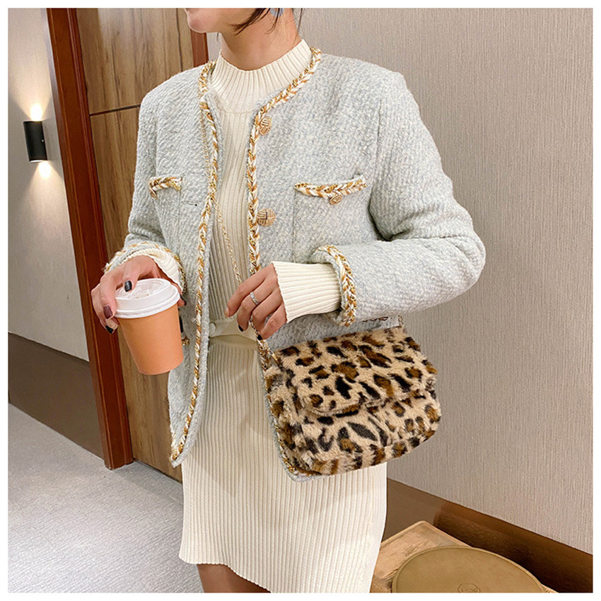 New Fashion Leopard Shoulder Bag Women Plush Soft Autumn Winter Ladies Crossbody Bags Vintage Leather Totes Purse and Handbag