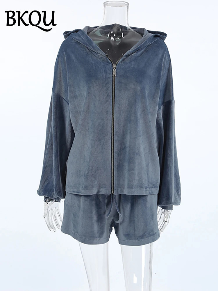 BKQU Fashion Velvet Shorts 2 Pieces Sets Women Long Sleeve Zipper Hooded Sweatshirts Casual Lace-Up Shorts Matching Outfits 2024 241107