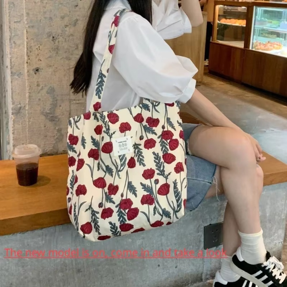 Women 2024 New Canvas Floral Shoulder Bag Large Capacity Printed Shopping Female Fashion Casual Open Handbag