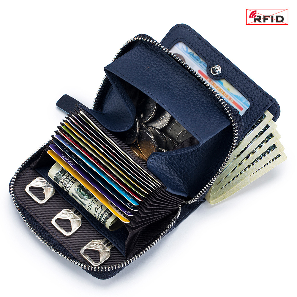 Casual Durable Short Women Wallets Fashion RFID Protection Cowhide Foldable Unisex Zipper Bag Multi-function Position Coin Purse