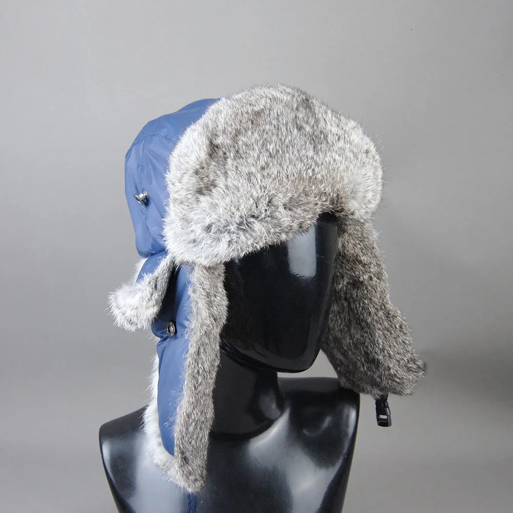 Womens winter real rabbit fur hat windproof super bomber natural soft warm hat earmuffs mens flat Russian style pilot hat 241106