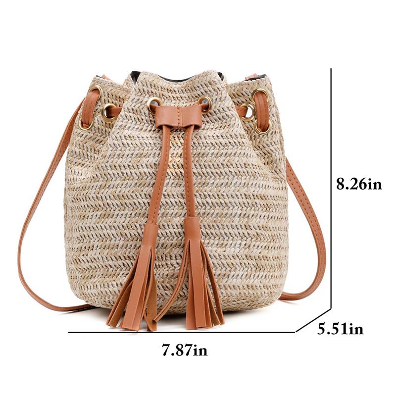 Vintage Fashion Small Women Woven Rattan Straw Bucket Bag Handbag Tassel Drawstring Shoulder Bag Messenger Crossbody Bags Purses