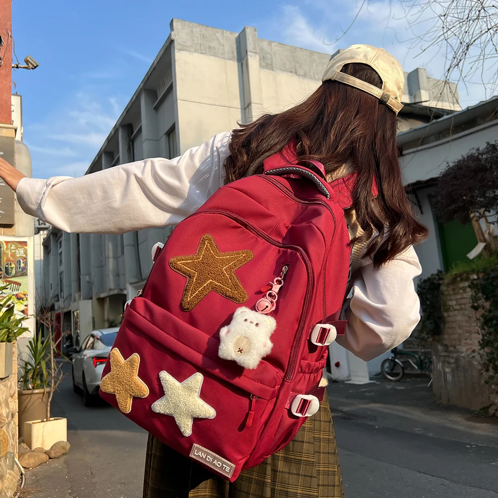 Women Backpack Cute School Bag for Girls Large Capacity Vintage Laptop Backpack Mochilas Star Appliques Travel Outdoor Backpack