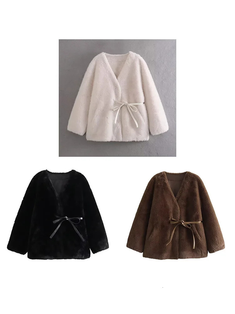 Winter Simulated Mink Velvet Lace Waist Fur Coat V-neck Temperature Friendly Womens Fur Coat 241107