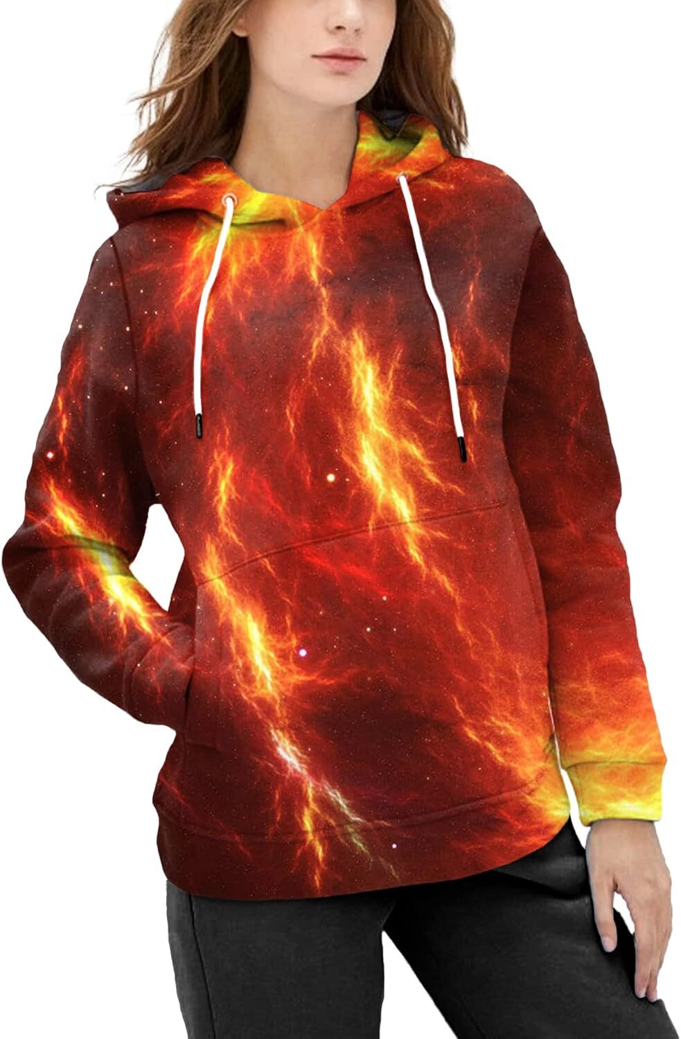 Hoodie for Mens Womens Unisex Realistic 3D Print Galaxy Pullover Hooded Sweatshirt Hoodies with Big Pockets Graphic Trendy Orange Red Pattern
