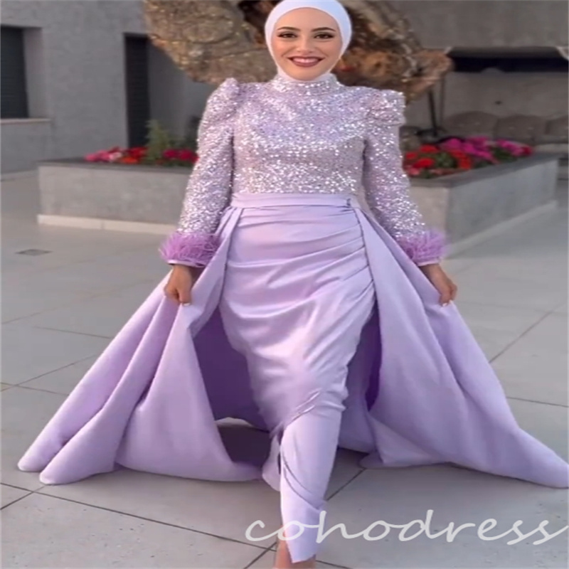 Sparkly Lilac Muslim Evening Dresses With Overskirt Glitter Sequin Long Sleeve Feather Prom Dress Islamic Abaya Dubai Brithday Dress Formal Occasion V