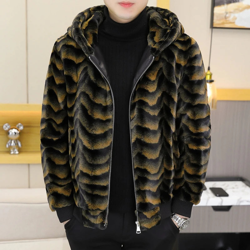 Winter faux fur mink jacket mens thick faux fur hooded jacket ultra-thin casual business social jacket mens clothing 241107