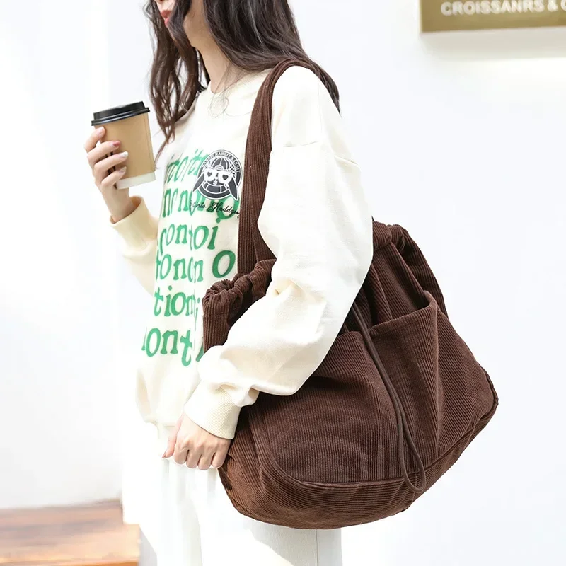 Simple Casual Totes Teenager Students Corduroy Shoulder Bag Women Large Drawstring Handbag Ladies Shopping Bags