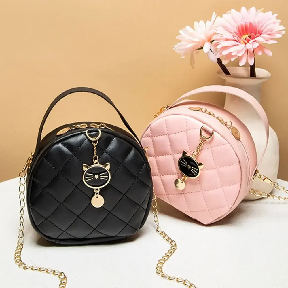 Fashion Lingge Crossbody Small Round Bag New Handbag Womens Cute Cat Decoration Female Single Shoulder Messenger Bag