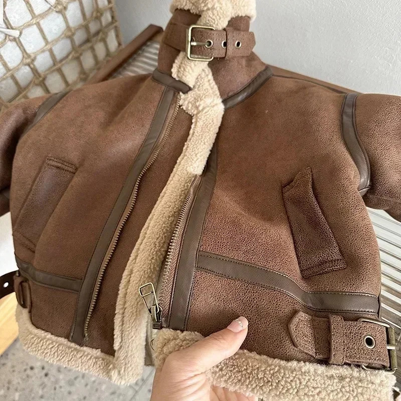Cashmere Leather Jacket Winter Keep Warm Boys Thick Lining with Plush Fur Collar Hooded Heavy Coat for Kids Girls Coats 241106 - view 4