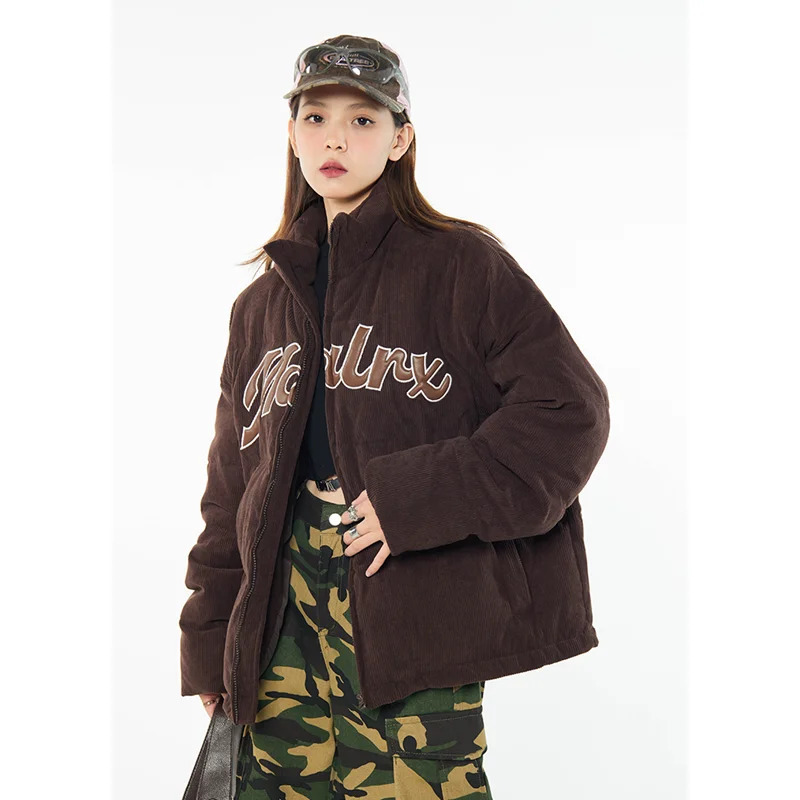 Womens brown down jacket Corduroy letter jacket American fashion thick warm feather down jacket womens inflatable winter jacket 241107