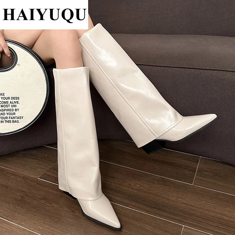 Knee High Heels Women Boots Leather Chunky Fashion Shoes Pointed Toe Snow Long Boots er Pumps Punk Chelsea Botas Mujer 241106