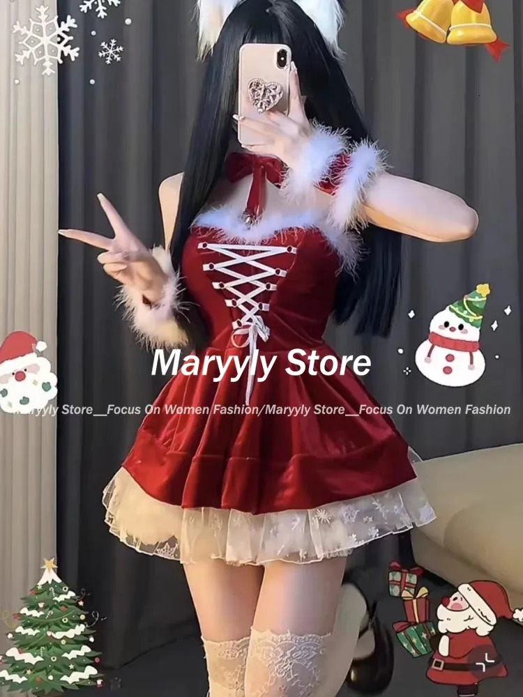 Sweet Christmas Red Mini Dress Womens Fashion Lace Plush Patch Work Ultra Thin Party Dress Autumn Winter Womens Year Sexy Clothing 241106