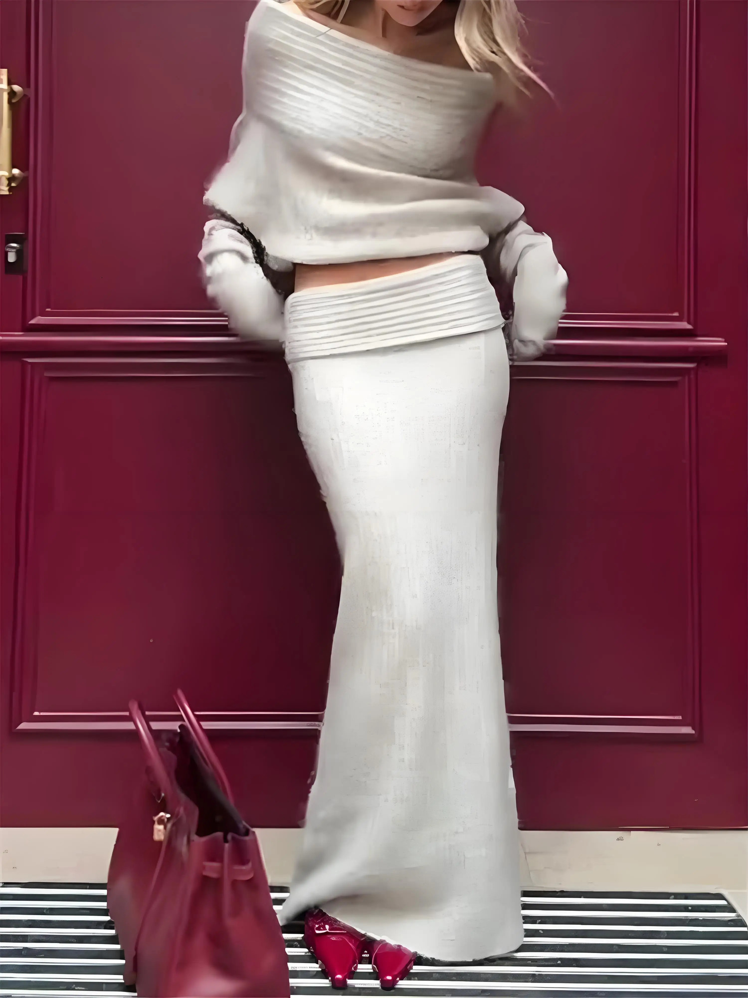 Tossy Knitted Skirt 2 Piece Set Womens One-Shoulder Long Sleeves Sweater Pullover Elegant Slim Fit Long Skirt Suit Autumn 241107