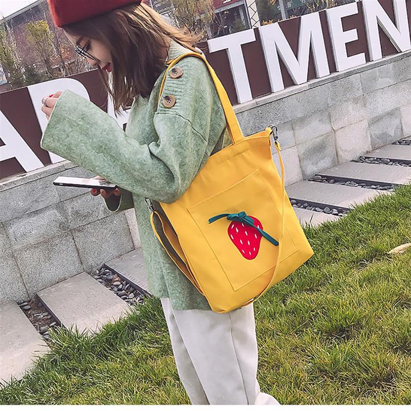 2019 Fashion Women Zipper Strawberry Shoulder Bag Cotton Canvas Handbag Casual Tote Female Crossbody Bag Ladies Messenger Bags