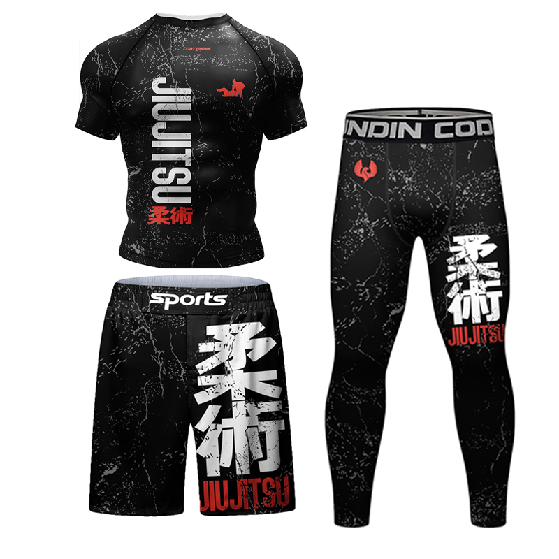 MMA Jiu Jitsu T-shirt +Pants 4pcs/set Mens Bjj Gi Rashguard Brazilian Grappling MMA Shorts Gym Sport Clothes Muay Thai Tracksuit